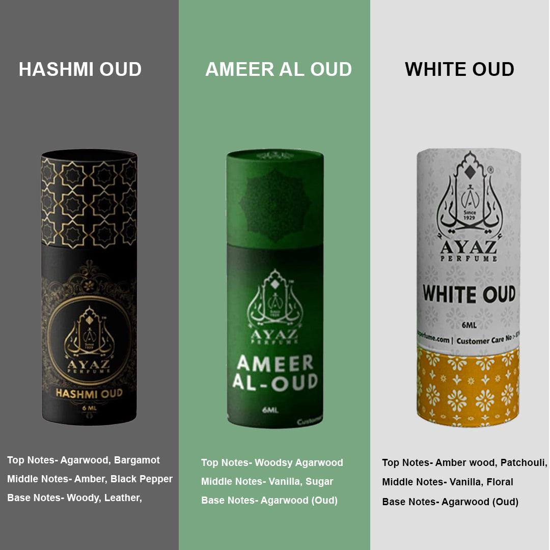 Combo Pack of 3 Attars – Hashmi Oud, Ameer Al Oud & White Oud | Premium Arabic Fragrance Oils | 100% Alcohol-Free | Long Lasting Perfume for Men & Women | 6ml x 3 Bottles