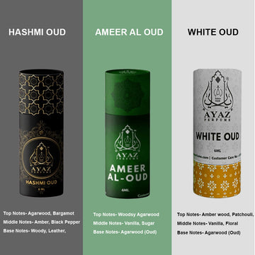 Combo Pack of 3 Attars – Hashmi Oud, Ameer Al Oud & White Oud | Premium Arabic Fragrance Oils | 100% Alcohol-Free | Long Lasting Perfume for Men & Women | 6ml x 3 Bottles